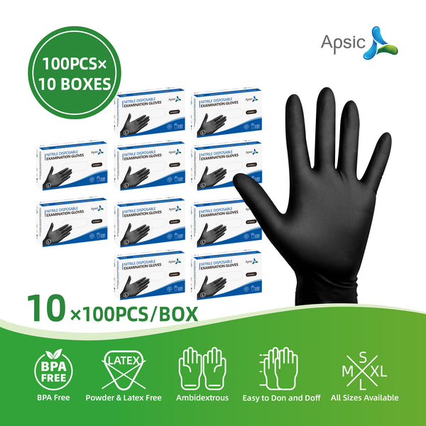 APSIC Black 4 Mil Disposable Gloves - Powder-Free All-Purpose - Large - 1000/Case