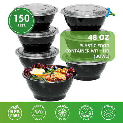 Plastic Food Container Bowl with Lid 48oz 150/Case - APSIC YN-48DB